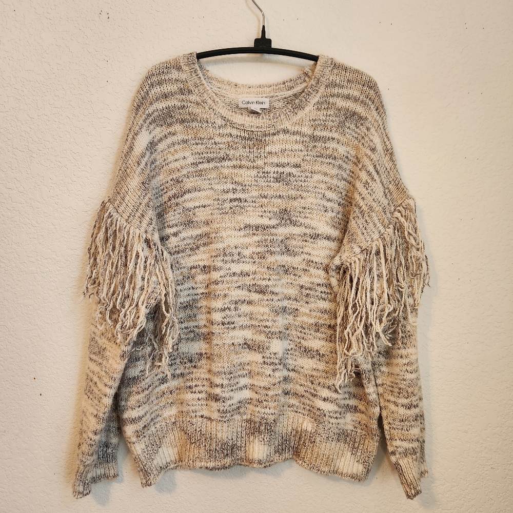 Calvin Klein Veriegated Yarn and Fringe On‎ The Sleeves, Size L